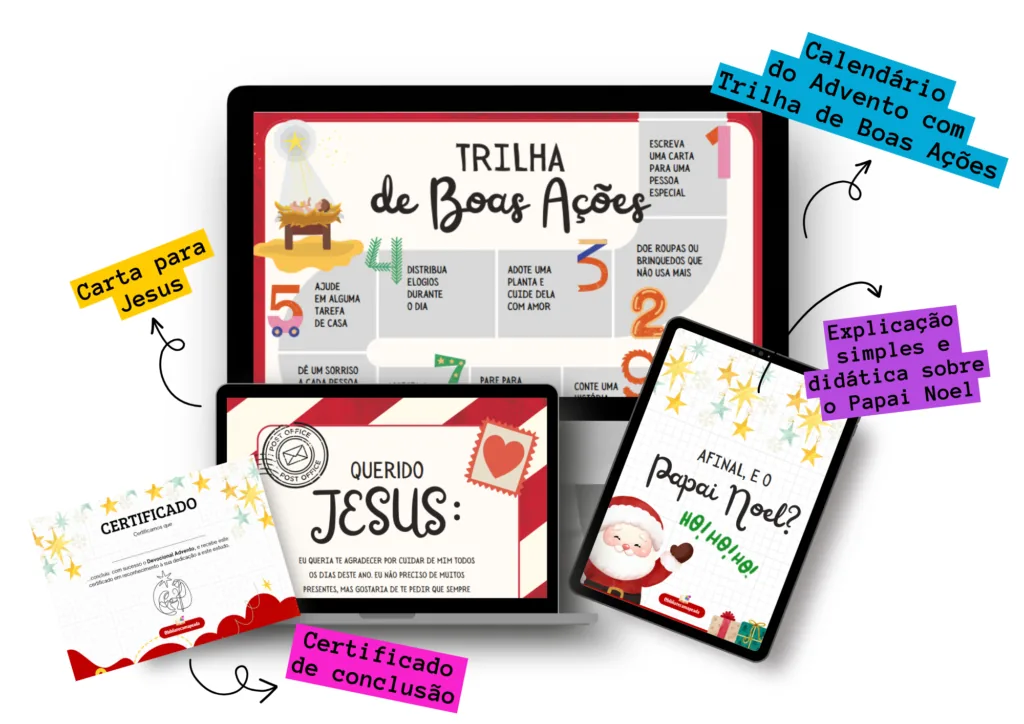 Bônus do Devocional Advento: trilha de boas ações, carta para Jesus, certificado e material sobre Papai Noel
