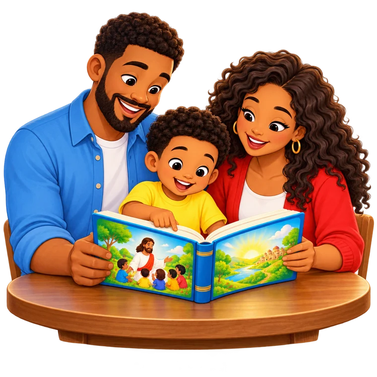 Família reunida lendo um devocional ilustrado