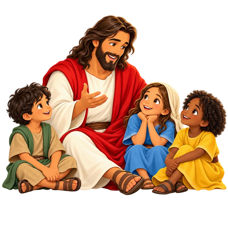Jesus ensinando crianças de forma acolhedora