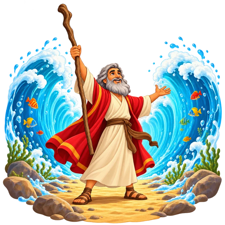 Ilustração infantil de Moisés abrindo o Mar Vermelho
