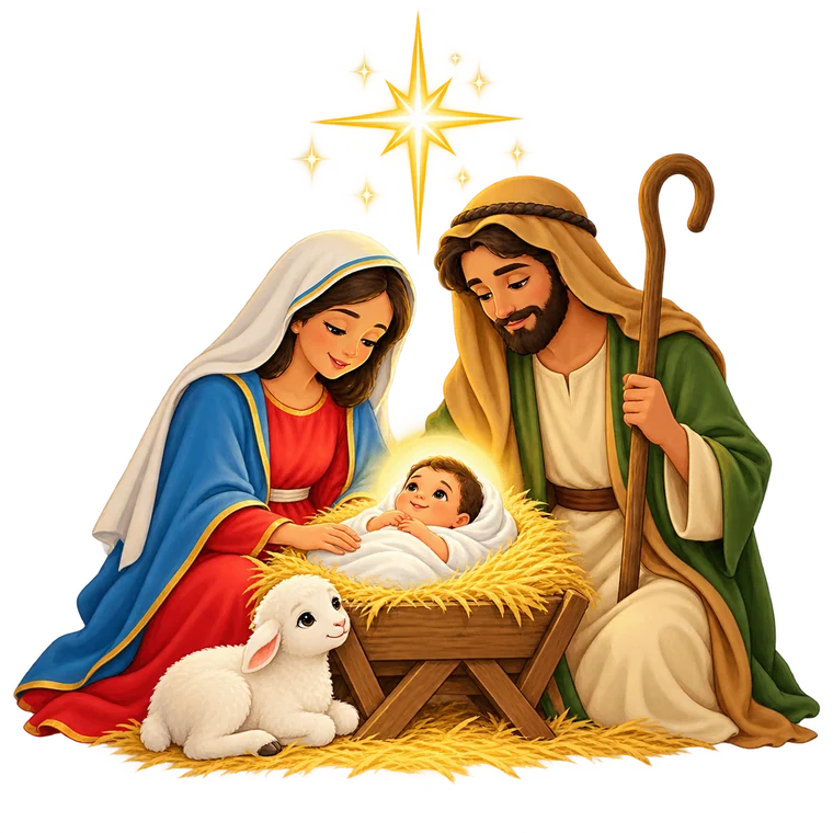 Ilustração infantil do nascimento de Jesus